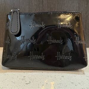 Harrods Small Black Glossy Zippered Coin Pouch Wallet Purse Accessory